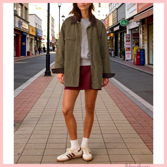 Oversized Cotton Barn Jacket with Corduroy Collar, Utility Pockets, Vintage - Picture 5 of 7